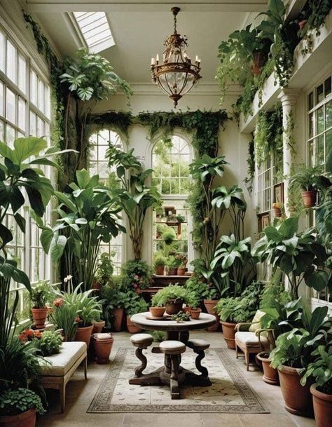 Victorian Indoor Plants, Conservatory With Plants, Garden Through Window, Indoor Plant Room Sunroom, Tropical Indoor Garden, Indoor Garden Room Ideas, Indoor Garden Rooms Sunroom, Plant Atrium, Plants Conservatory