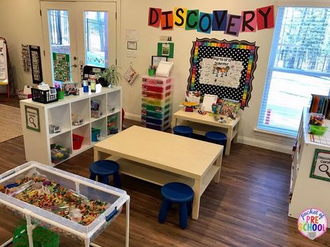 Preschool Teacher Area In Classroom, Preschool Drdp Organization, Preschool Themed Rooms, Preschool Class Must Haves, Organize Preschool Classroom, Prek Science Center Setup, Daycare Science Center, Home Living Center Preschool, Preschool Homeschool Set Up Small Space