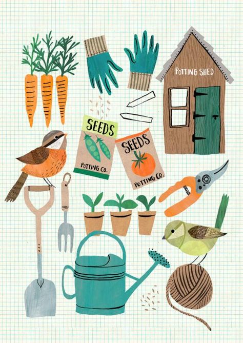 Homestead Illustration, Garden Tools Illustration, Spring Illustration Design, Clover Robin, Gardening Illustration, Garden Illustrations, Paper Cut Artists, Sea Swimming, Garden Illustration