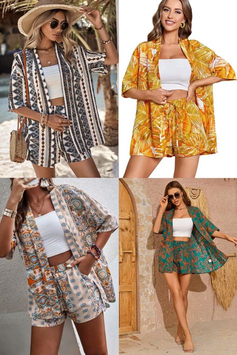 vacation outfit, summer outfit, women two piece outfit, beach vibes Dresses For Pool Party, Outfits For Pool Party For Women, Beach Outfits Women Vacation Resort Wear Summer Dresses, Pool Party Outfit Women, Swimming Pool Outfit, Outfit Pool Party, Short Sleeve Kimono Cardigan, Beach Outfits Women Vacation, Pool Party Outfit