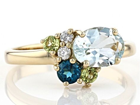 Blue Aquamarine 10k Yellow Gold Ring 1.14ctw - TCG049 | JTV.com Blue Cluster Engagement Ring, Sapphire And Peridot Ring, Rings With Multiple Stones, Remodelled Jewellery, Mothers Ring 3 Stone, Kids Ring, Heirloom Ring, Life Ring, Family Rings