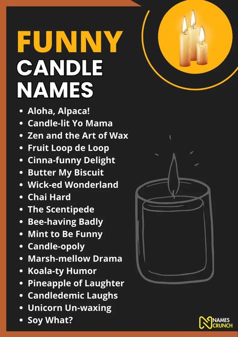 350+ Funny Candle Names [Fun with Flames] - Names Crunch Candle Names Ideas Funny, Scented Candles Business Name Ideas, Candle Scent Names Ideas, Names For Candles, Funny Candle Names, Candle Company Names Ideas, Candle Names Unique, Candle Scent Names, Candle Names