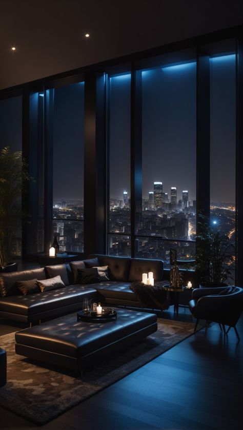 Dark luxury house in a city Black Luxury House, Mafia House Aesthetic, Penthouse Aesthetic, Dark Modern, Fancy Houses, Apartment Aesthetic, Mansion Interior, Luxury Homes Dream Houses, Luxury House Designs