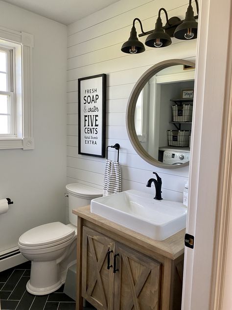 Half Bath Inspiration Farmhouse, Shiplap Bathroom Small Half Baths, Turning A Half Bath Into A Full Bath, Farmhouse 1/2 Bath, Masculine Half Bathroom, Half Bath Farmhouse Ideas, Country Half Bath, Half Bath Shiplap Wall, Half Bath Layout