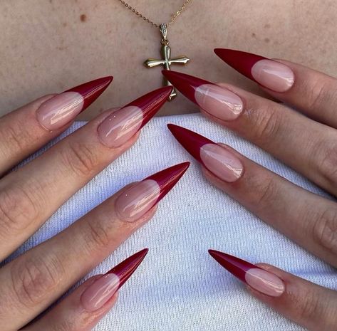 Deep Red Tip Nails, Red Stilleto French Tip, Red French Stiletto Nails, Red French Tip Nails Stiletto, Long Red Almond Nails, Red Nails Stiletto, French Red Nails, French Nails Red, Red Nails French