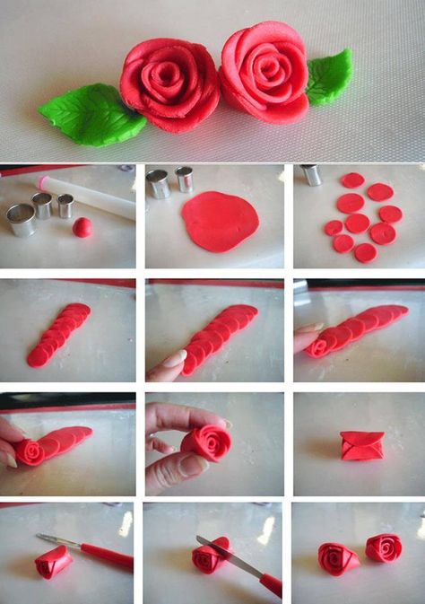 Rosa Kue Fondant, Flori Din Lut, Flori Fondant, Couronne Diy, Fondant Flower Tutorial, Felt Flower Tutorial, Christmas Wreath Craft, Kutek Disney, Fondant Rose