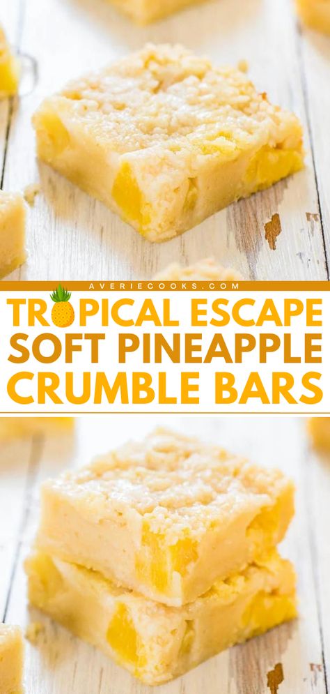 This tropical dessert is the perfect spring baked good! Your summer dessert ideas must have these pineapple crumble bars, too. From the creamy custard filling to the crumble topping, every bite of these soft pineapple bars is delicious. Save this pineapple dessert recipe! Pineapple Crumble, Pineapple Bars, Summer Dessert Ideas, Pineapple Dessert, Tropical Desserts, Pineapple Dessert Recipes, Spring Baking, Pineapple Desserts, Averie Cooks