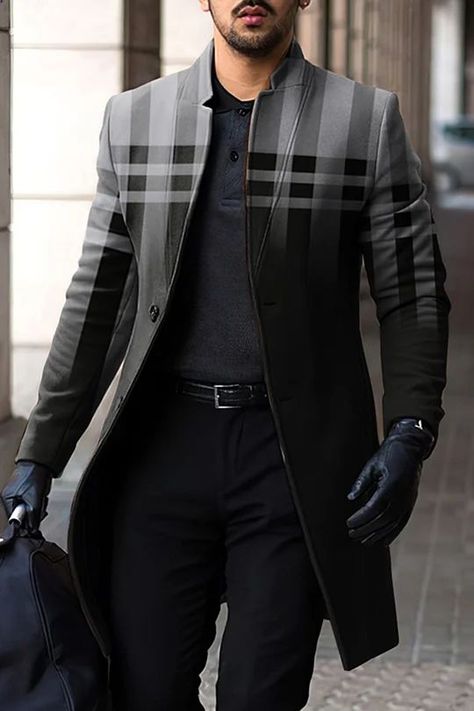 Men's Fashion Business Casual Coat, Plaid Winter Coat, Graphic Jacket, Mid Length Coat, Graphic Jackets, Casual Work Wear, Stand Collar Jackets, Business Casual Work, Polyester Jacket