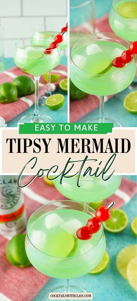 Tipsy Mermaid Cocktail Blue Summer Drink, Tipsy Mermaid, Cocktail For A Crowd, Kid Drinks Recipes, Easy Party Drinks, Mermaid Cocktail, Mermaid Drink, Pretty Ocean, Easy To Make Cocktails