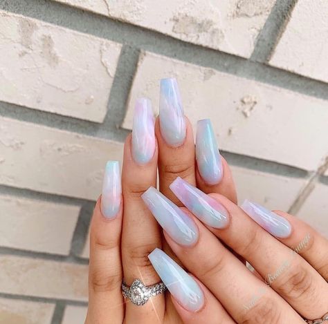 Pastel Blue Marble Nails, Cotton Candy Marble Nails, Marble Pastel Nails, Multi Colored Marble Nails, Pastel Marble Nails, Marble Acrylic Nails, Cotton Candy Nails, Vday Nails, Blue Glitter Nails