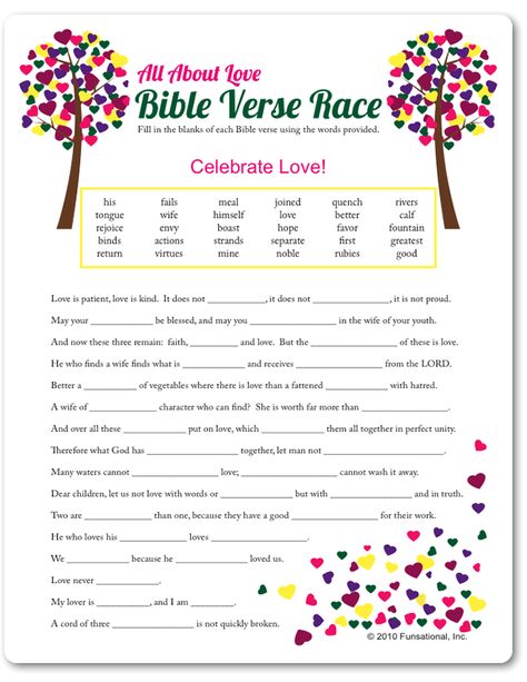 Printable All About Love Bible Verse Race - Funsational.com Church Valentines, Kjv Verses, Church Games, Bible Worksheets, Love Bible, Valentines Games, Church Youth, Kids Bible, Youth Room