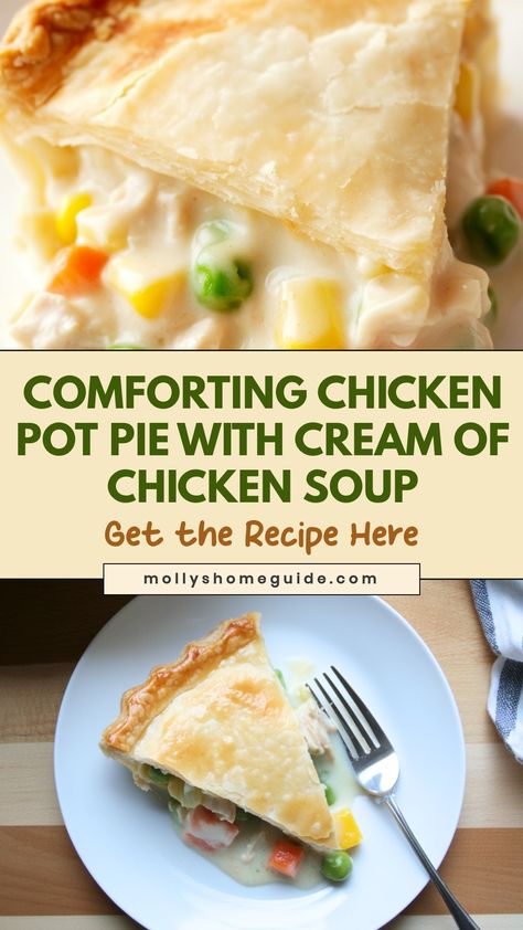 Indulge in the ultimate comfort food with this classic chicken pot pie made with rich and creamy cream of chicken soup. This hearty dish boasts tender chicken, flavorful veggies, and a flaky crust that is guaranteed to warm your soul. Whether you're looking for a cozy weeknight dinner or hosting a gathering, this homemade pot pie is sure to be a crowd-pleaser. Treat yourself to the delicious combination of savory filling and buttery pastry, perfect for any occasion. Homemade Pot Pies Chicken, Easy Chicken Pot Pie Cream Of Chicken, Chicken Pot Pie Made With Soup, Rue For Chicken Pot Pie, Jiffy Chicken Pot Pie, Chicken Pot Pie Recipe With Cream Chicken Soup, Pot Pie Cream Of Chicken Soup, Chicken Pot Pie Cream Of Chicken, Cream Of Chicken Soup Chicken Pot Pie