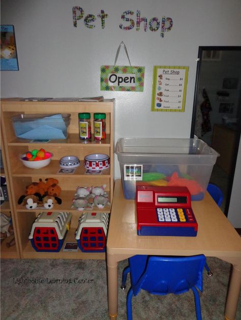 Pet Shop Dramatic Play -- Lighthouse Learning Center: Our Pet Shop Pet Store Dramatic Play, Pet Shop Dramatic Play, Dramatic Play Themes, Purposeful Play, Pets Preschool Theme, Role Play Areas, Dramatic Play Area, Dramatic Play Preschool, Preschool Centers