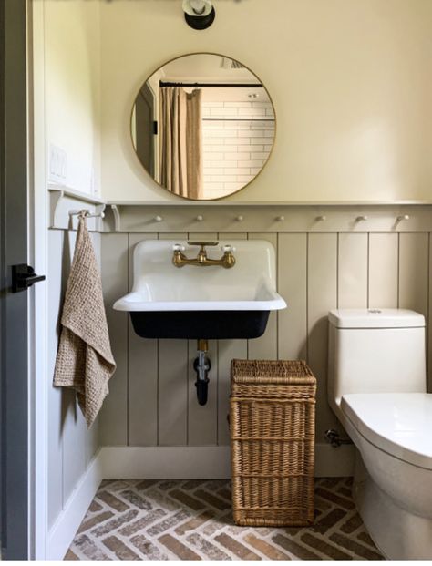 Brick Floor Bathroom, Herringbone Brick Floor, Old Fashioned House, Vanity Inspiration, Cottage Bath, Craftsman Bathroom, Laundry Chute, Cast Iron Sink, Cottage Bathroom