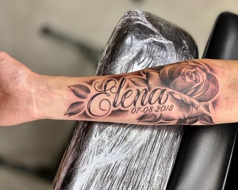 Forearm Name Tattoos, Arm Tattoos Lettering, Rose Tattoo With Name, Name Tattoos On Arm, Tattoo Name Fonts, Face Tattoos For Women, Baby Tattoo Designs, Tattoo Lettering Styles, Realistic Tattoo Sleeve