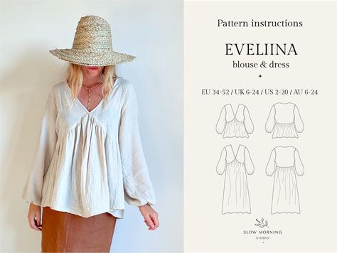 ✄ Digital Sewing pattern  Eveliina blouse & dress Digital PDF sewing pattern for women sizes EU 34-52 / UK 6-24 / US 2-20 / AU 6-24.  A timeless Eveliina blouse & dress have a comfy loose fit which features V neck, ruched waist, internal pockets, dropped shoulders and elasticated puff sleeves. It's a perfect dress to wear a day to night.  🌸 Eveliina PDF pattern comes with 2 different length options: blouse and midi length dress. 🌸 Please note you will not receive a physical pattern, you will r Sewing Blouses Pattern, V Neck Blouse Pattern Sewing, Sewing Shirt Pattern, Woven Top Sewing Pattern, Free Sewing Patterns For Women Tops, Jumper Sewing Pattern, Clothing Sewing Patterns, Dress Pattern Sewing, Tops Sewing Patterns