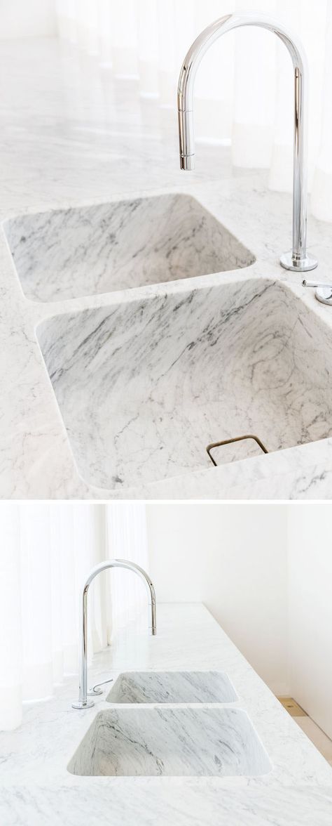 KITCHEN DESIGN IDEA - 7 Kitchen Sinks Integrated Into The Countertop // These… Kitchen Sink Design, Marble Sink, Marble Sinks, Sink Design, Kitchen Marble, Shower Room, Kitchen Countertops, 인테리어 디자인, Kitchen Inspirations