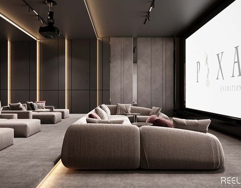 Villa Landscape Design on Behance Modern Sofa Designs Luxury, Sofa Design Luxury, Cinema Room Design, Home Theatre Design, Classic Bedroom Design, Home Theater Room Design, Theater Room Design, Karaoke Room, Cinema Design