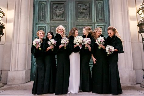 Black Bridesmaid Dresses with Fur Wraps Bridesmaids Fur Wrap, Black Dress With Shawl, Black Bridesmaid Dress Winter, Dresses With Fur, Wedding Shawls, Winter Bridesmaids, Winter Bridesmaid Dresses, Black Bridesmaid, Bridesmaid Shawl