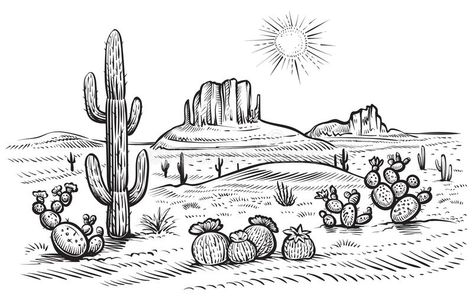 Desert landscape vector illustration with saguaro and opuntia blooming cactus. D , #Ad, #saguaro, #opuntia, #blooming, #illustration, #Desert #ad Desert Coloring Pages, Desert Drawing, Desert Tattoo, Landscape Vector Illustration, Gambar Lanskap, Landscape Vector, Drawing Scenery, Cactus Drawing, Blooming Cactus