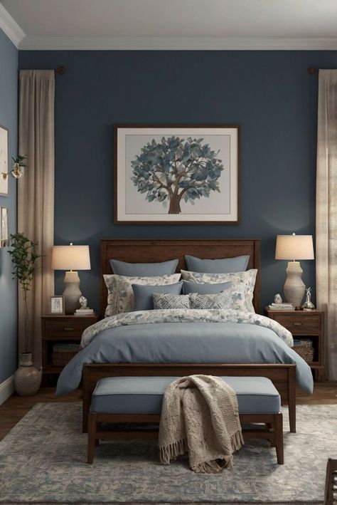 #bedroominterior #fyp #foryou #reels #viral #viralreels #interior #interiordesign Blue And Brown Bedroom Ideas, Blue And Brown Bedroom, Brown Wood Bedroom, Bedroom Interior Modern, Living Room Zones, Blue Green Bedrooms, Bedroom Luxurious, Cherry Bedroom Furniture, Dark Brown Furniture