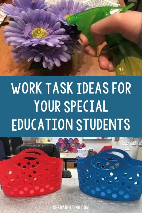 Work tasks are a great way for students to practice life skills and vocational skills in the special education classroom. But what if traditional work tasks or task box activities aren’t accessible to all your students? How can you adapt work tasks to meet the needs of all your students, regardless of their level? Here you’ll find my favorite work tasks ideas and activities for special education students along with how they can be adapted to meet the needs of students of all levels. Interview Skills Activities, Work Task Boxes Special Education, School Jobs For Students With Special Needs, Life Skills Classroom Activities, Job Skills Special Education, Pre Vocational Activities Special Needs, Life Skills Activities For Special Needs, Vocational Tasks Special Education, Functional Life Skills Special Education