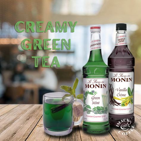 INGREDIENTS: 1/2 oz. Monin Green Mint Syrup / 1/2 oz. Monin Vanilla Crème Syrup / 14 oz. Green Tea / Mint sprig to garnish ----- INSTRUCTIONS: 1) Fill serving glass full of hot water to warm glass. 2) Discard hot water and pour ingredients into serving glass in order listed. 3) Stir gently to mix. 4) Add garnish and serve! Mint Syrup Recipe Drinks, Mint Extract Recipe Desserts, Mint Coffee Syrup, Mint Syrup Cocktail, Mint Syrup Recipe, Chocolate Mint Tea, Monin Recipes, Mint Syrup, Monin Syrup