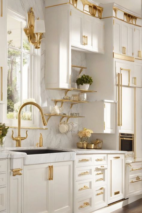 kitcheninspiration, cabinetgoals, dreamkitchen, goldhardware White Gold Kitchen Cabinets, White Cabinet Kitchen Gold Hardware, Kitchen Cabinets White And Gold, White Gold And Wood Kitchen, Gold And White Kitchens, White Bronze Kitchen, Gold And White House Decor, White Gold House Interior, White Gold Kitchen Appliances