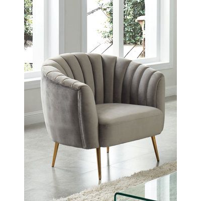 Enjoy your living room space like a celebrity with this shell-tufted chair. The slim tapered legs are of a metal material that shines brightly in its gold finish when placed against the soft seat fabric. Upholstery Colour: Grey Grey Accent Chair, Tufted Accent Chair, Fabric Gray, Tufted Chair, Grey Armchair, Ideas Hogar, Upholstered Accent Chairs, Local Furniture, Grey Upholstery