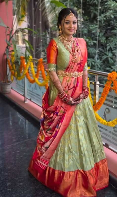 Paithani Lehenga Blouse Designs, Pythani Pattu Lehanga, Pithani Pattu Lehangas, Paithani Lehenga Half Saree, Paithani Langa Voni, Pattu Half Saree Indian Dresses, Paithani Half Saree, Simple Half Saree, Orange Half Saree