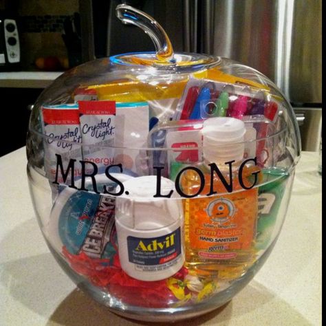 Apple Container, Appreciation Gifts Diy, Survival Kit For Teachers, Teacher Survival, Teacher Appreciation Gifts Diy, Teacher Gift Ideas, Survival Supplies, Canned Goods, Teachers Diy