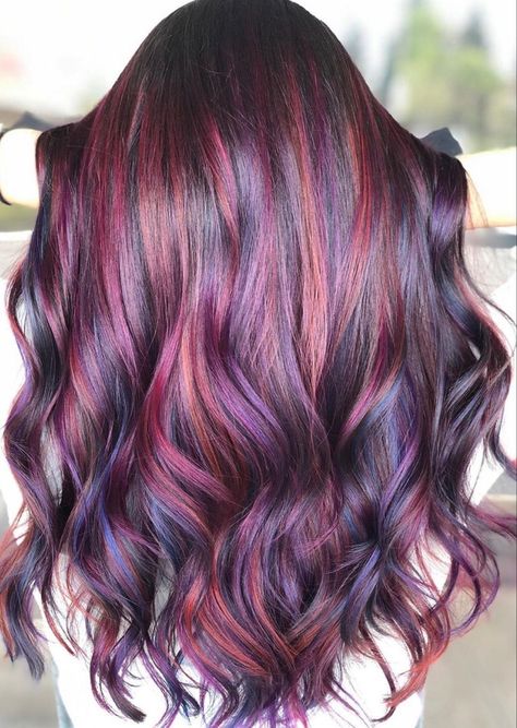 Dark Spring Hair, Multicolored Highlights, Joico Color Intensity, Red Purple Hair, Dark Spring, Purple Hair Highlights, Balayage Ideas, Magenta Hair, Plum Hair