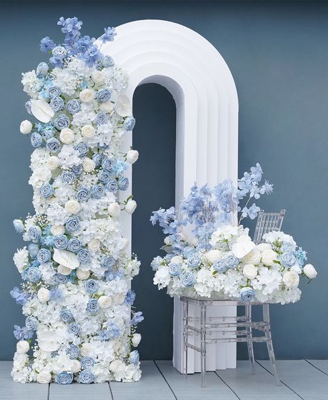 A handcrafted creation can be added to any event. No assembly required, place wherever you like. Add a popular element to your wedding venue, Valentine's Day decoration, business dinner and other events. It gives people a luxurious and romantic feeling and brings an unforgettable experience to your friends. White And Blue Engagement Party, Blue Flower Arch, Wedding Backdrop Arch, Floor Flower, Blue And White Roses, Backdrop Arch, Pink Flower Arrangements, White Flower Arrangements, White Roses Wedding