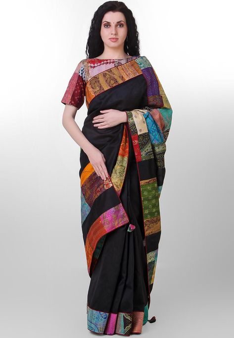 Pure Dupion Silk Saree in Black Prettified with Kantha and Applique Work Available with an Unstitched Art Silk Blouse in Black Free Services: Fall and Edging (Pico) Do Note: Blouse and Accessories worn by model is for presentation purpose only. Slight variation in actual color vs. image is possible Katha Work, Saree In Black, Kantha Silk, Dupion Silk Saree, Kantha Sarees, Applique Work, Cotton Kurti Designs, Traditional Indian Outfits, Desi Clothes