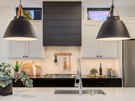 Greenbank Development on Instagram: “A good range hood makes all the difference in a kitchen design!! From the sleek modern look of the black shiplap wall hood at our Park…” Kitchen Bulkhead Ideas, Modern Range Hood, Kitchen Hood Ideas, Kitchen Hood Design, Kitchen Vent Hood, Kitchen Vent, Dome Pendant Light, Kitchen Hood, Kitchen Range Hood