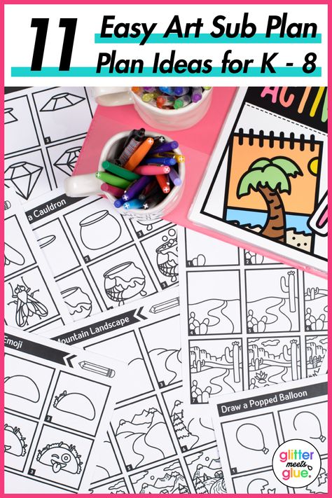 printable art sub plan worksheets art teachers can give to substitute teachers covering their art lessons Last Minute Art Lesson, Art Class Substitute Plans, Daily Art Challenge Ideas, Sub Plans For Art Elementary, Elementary Art Supply List, Art Elementary Sub Plans, Easy Art Sub Plans Elementary, Elementary Art Crafts, Fun Friday Art Activities