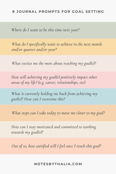 8 journal prompts for goal setting infographic with black italic text and coloured rectangles. May Goals Journal, Journal Prompts For Achieving Goals, Goal Setting Guide, Journal Prompts For Setting Goals, New Year Prompts Goal Settings, Journaling For Goals, Quarterly Vision Board, Introspection Journal Prompts, Goal Setting Inspiration