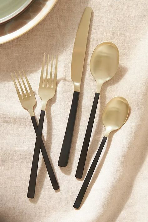 Beacon Two-Tone Flatware 20-Piece Place Setting | AnthroLiving Unique Silverware Sets, Peru House, Place Settings Everyday, Unique Flatware, Modern Table Setting, Modern Flatware, China Storage, Flatware Storage, White Dishes