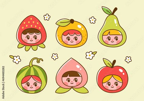 Cute fruit and berry characters. Vector illustration of girls wearing costumes of strawberry, apple, orange, pear, peach, watermelon. Fruit mascots in adorable trendy style. Stock Vector | Adobe Stock Peach Character Design, Peach Illustration Cute, Apple Character Design, Cute Fruits Drawings, Fruit Character Illustration, Fruits Character, Fruit Character Design, Watermelon Character, Orange Characters