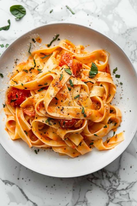 A plate of Tuscan-Style Creamy Tomato Fettuccine, showcasing perfectly cooked noodles coated in a smooth tomato cream sauce, topped with fresh herbs. Pasta Recipes Tomato, Creamy Tuscan Pasta, Tuscan Pasta, One Pot Pasta Recipes, Best Pasta Recipes, Pasta Ingredients, Creamy Tomato Sauce, Yummy Pasta Recipes, Summer Dishes