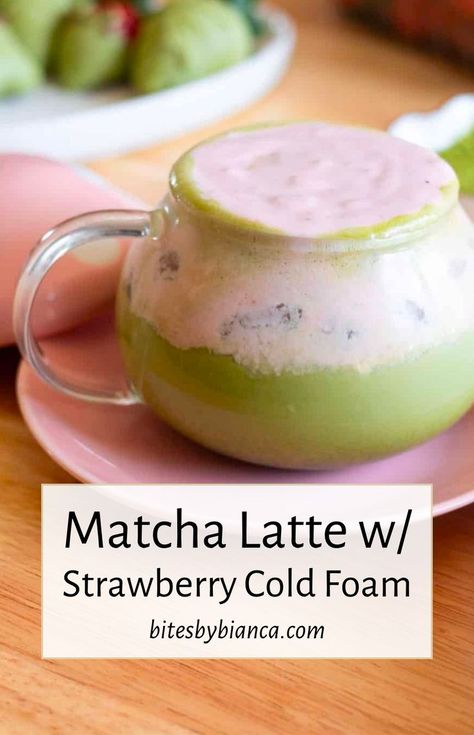 Whip up a delightful strawberry cold foam matcha latte right in your kitchen. This recipe guides you through making homemade strawberry cold foam to top off your matcha with strawberry cold foam, creating a stunning green and pink drink that's as Instagram-worthy as it is delicious. The perfect combination of fruity sweetness and the rich, earthy tones of matcha, this latte is a must-try for any tea lover looking for a refreshing treat. Iced Strawberry Matcha Latte, Strawberry Cold Foam, Iced Matcha Recipe, Starbucks Matcha Green Tea, Iced Matcha Latte Recipe, Flavored Coffee Recipes, Strawberry Matcha Latte, Matcha Drink Recipes, Iced Latte Recipe