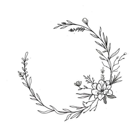 Wreath Tattoo Women, Floral Wreath Tattoo Design, Circle Fine Line Tattoo, Wild Flower Wreath Drawing, Circle Of Flowers Tattoo, Circular Floral Design, Rose Wreath Drawing, Leaf Wreath Drawing, Curved Flower Tattoo