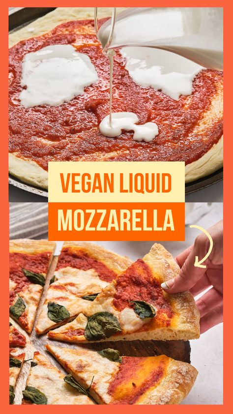 Vegan liquid mozzarella gets poured on top of your favorite pizza and solidifies as it bakes. It makes any vegan pizza absolutely delicious! Now you can make this vegan cheese at home in 5 minutes with ingredients you probably already have. Try it at your next party, gathering, or home pizza night! Vegan Cheese Pizza, Vegan Pizza Toppings, Easy Vegan Cheese Recipe, Vegan Pizza Cheese, Recipes With Mozzarella Cheese, Mozzarella Recipe, Home Pizza, Cheese At Home, Vegan Pizza Recipe