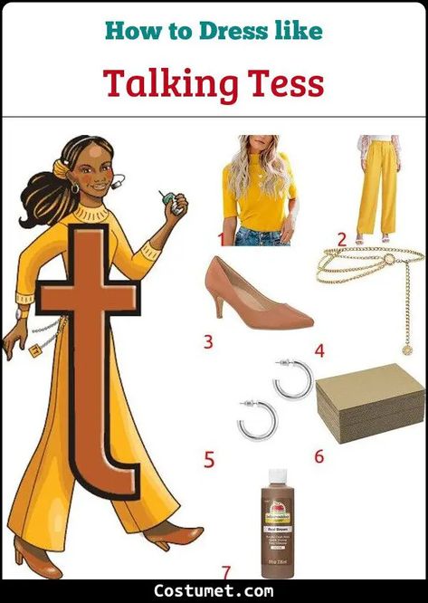 Talking Tess Costume from Letterland for Cosplay & Halloween 2023 Letterland Costumes Ideas, Yellow Turtleneck, Brown Pumps, Yellow Pants, Halloween 2023, Cosplay Halloween, Literacy Skills, Yellow Blouse, Trouser Style