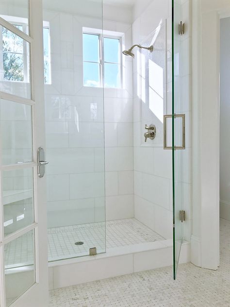 I can't tell you how excited I am to finally post my Master Bath before and after for all of you! Primary Bathroom Large Format Tile, Shower Remodel White Tile, Seafoam Bathroom Ideas, Gray Tile Shower Ideas Walk In, Master Bath Ideas White, Shower Transition, Diamond Fusion, Marble Basketweave, White Shower Tile