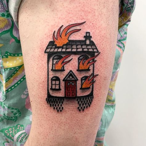 House On Fire Tattoo, Take Me To Church Tattoo, Simpsons Tattoo Ideas, Crucifix Tattoo, Church Tattoo, Simpsons Tattoo, House Tattoo, Best Tattoo Ever, Burning House