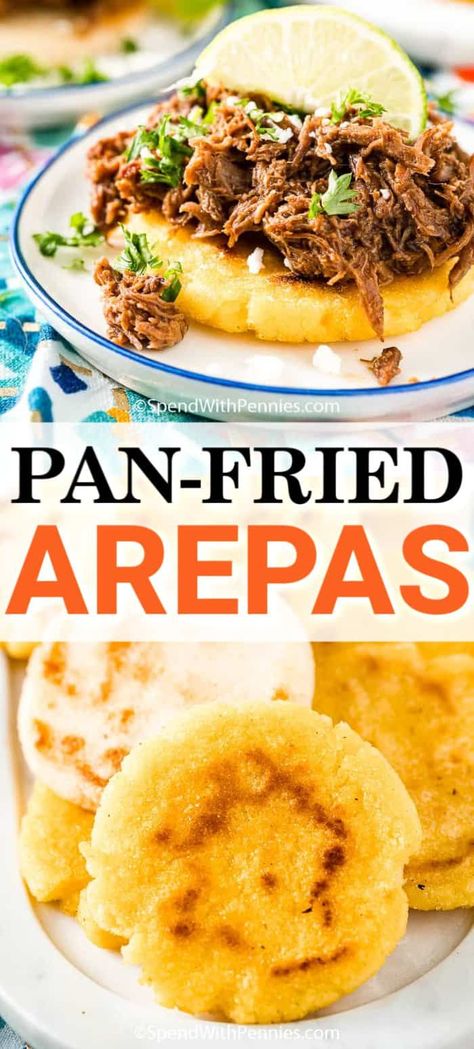 Arepas are a homemade recipe that is so easy to make. With just 3 ingredients these cornmeal discs are pan-fried and enjoyed as a side dish, appetizer or even in place of sandwich bread. #spendwithpennies #arepas #homemade #cornmeal #sidedish #appetizer #easyrecipe Homemade Cornmeal, White Corn Meal, Cornmeal Recipes, Arepas Recipe, Sandwich Bread Recipe, Homemade Cornbread, Homemade Recipe, Sandwich Bread, Polenta