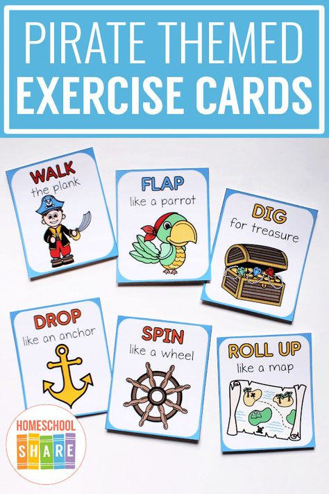 Pirate Exercise Cards – Homeschool Share Pirate Alphabet Letters Free Printable, Pirate Unit Preschool, Pirate And Mermaid Theme Preschool, How I Became A Pirate Activities, Pirate Lesson Plans For Preschool, Pirate Lesson Plans, Pirate Maths Activities, Pirate Crafts Preschool, Pirate Activities Preschool