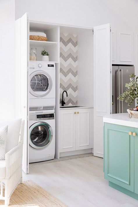 Laundry In Kitchen, European Laundry, Laundry Cupboard, Laundry Nook, Hidden Laundry, Tiny Laundry Rooms, Room Storage Diy, Three Birds Renovations, Laundry Room Closet