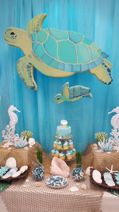 Turtle Decorations Party, Sea Turtle Birthday Party, Turtle Classroom, Ash Baby, Turtle Birthday Parties, Baby Shadow Box, Baby Birthday Decorations, Ocean Birthday, Sea Baby Shower